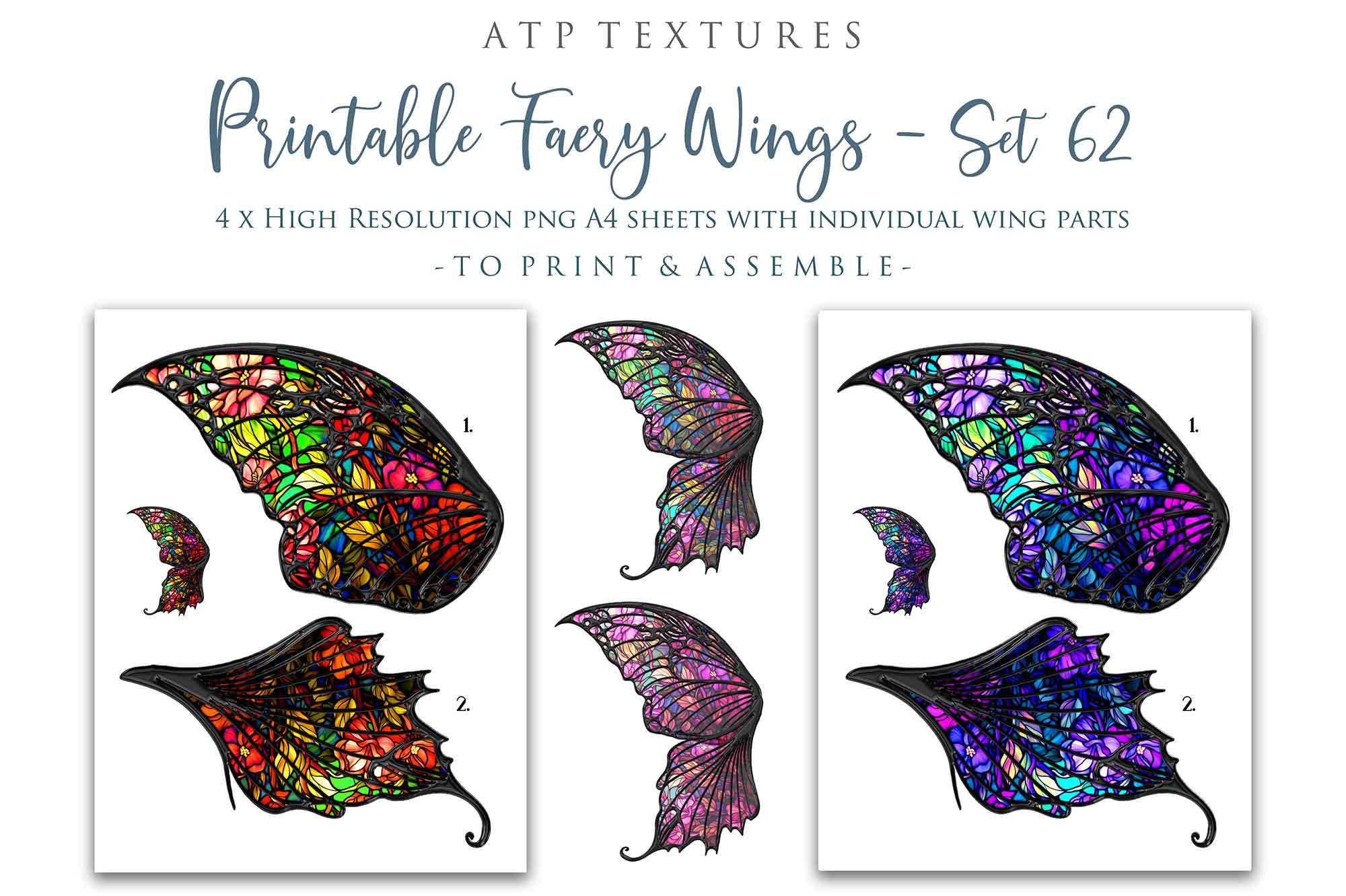 Printable Wings template. For Adult sized wings, child wings, Art dolls. Fairy wings for cosplay. Faerie fantasy, festival, halloween, Costume. Print and assemble. Pattern for making fairy wings.  High resolution Files. Png Overlays. Stained Glass. Template for paper craft. Diy Wings. Make your own.