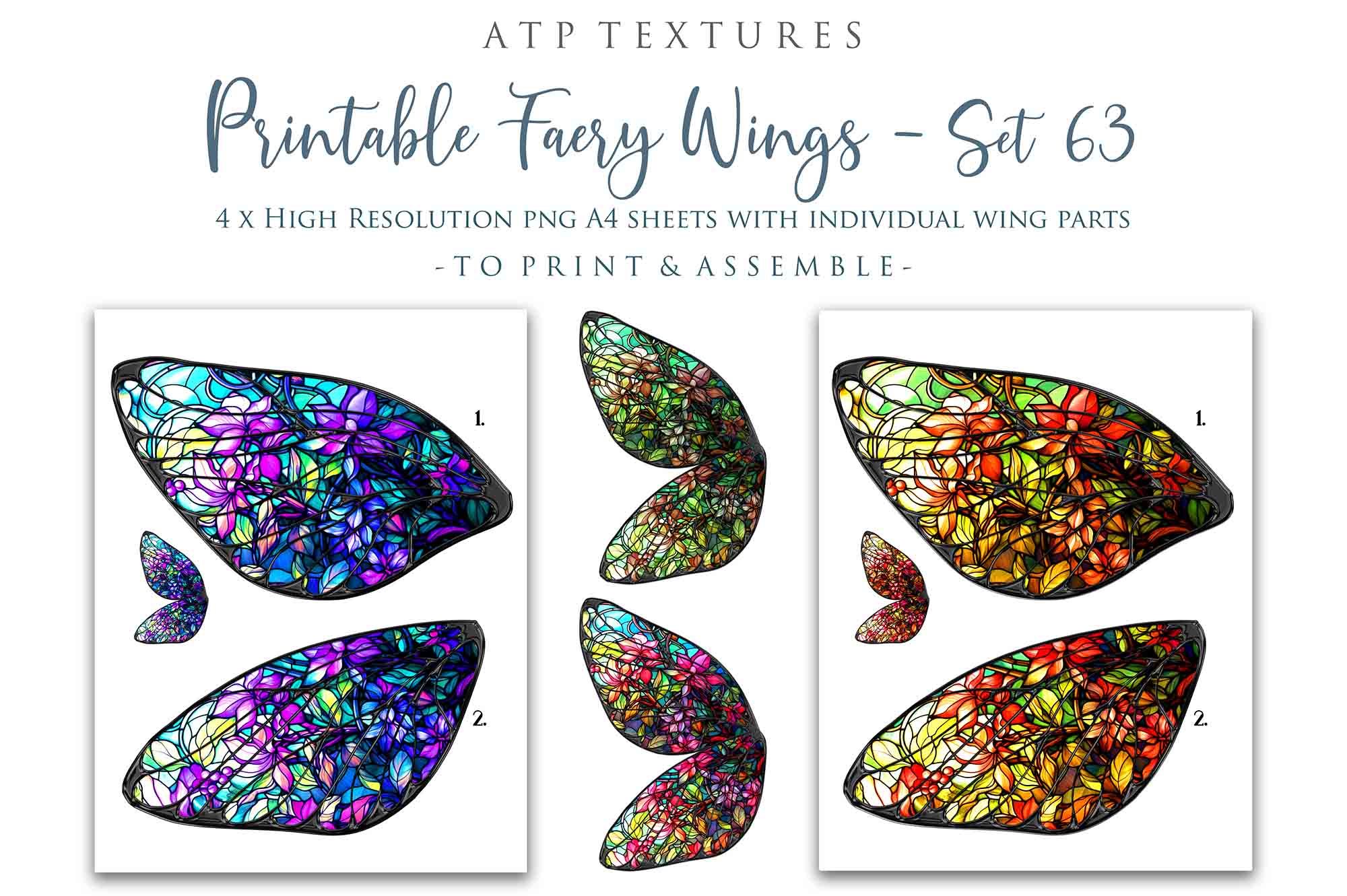 Printable Wings template. For Adult sized wings, child wings, Art dolls. Fairy wings for cosplay. Faerie fantasy, festival, halloween, Costume. Print and assemble. Pattern for making fairy wings.  High resolution Files. Png Overlays. Stained Glass. Template for paper craft. Diy Wings. Make your own.
