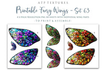 Load image into Gallery viewer, Printable Wings template. For Adult sized wings, child wings, Art dolls. Fairy wings for cosplay. Faerie fantasy, festival, halloween, Costume. Print and assemble. Pattern for making fairy wings.  High resolution Files. Png Overlays. Stained Glass. Template for paper craft. Diy Wings. Make your own.
