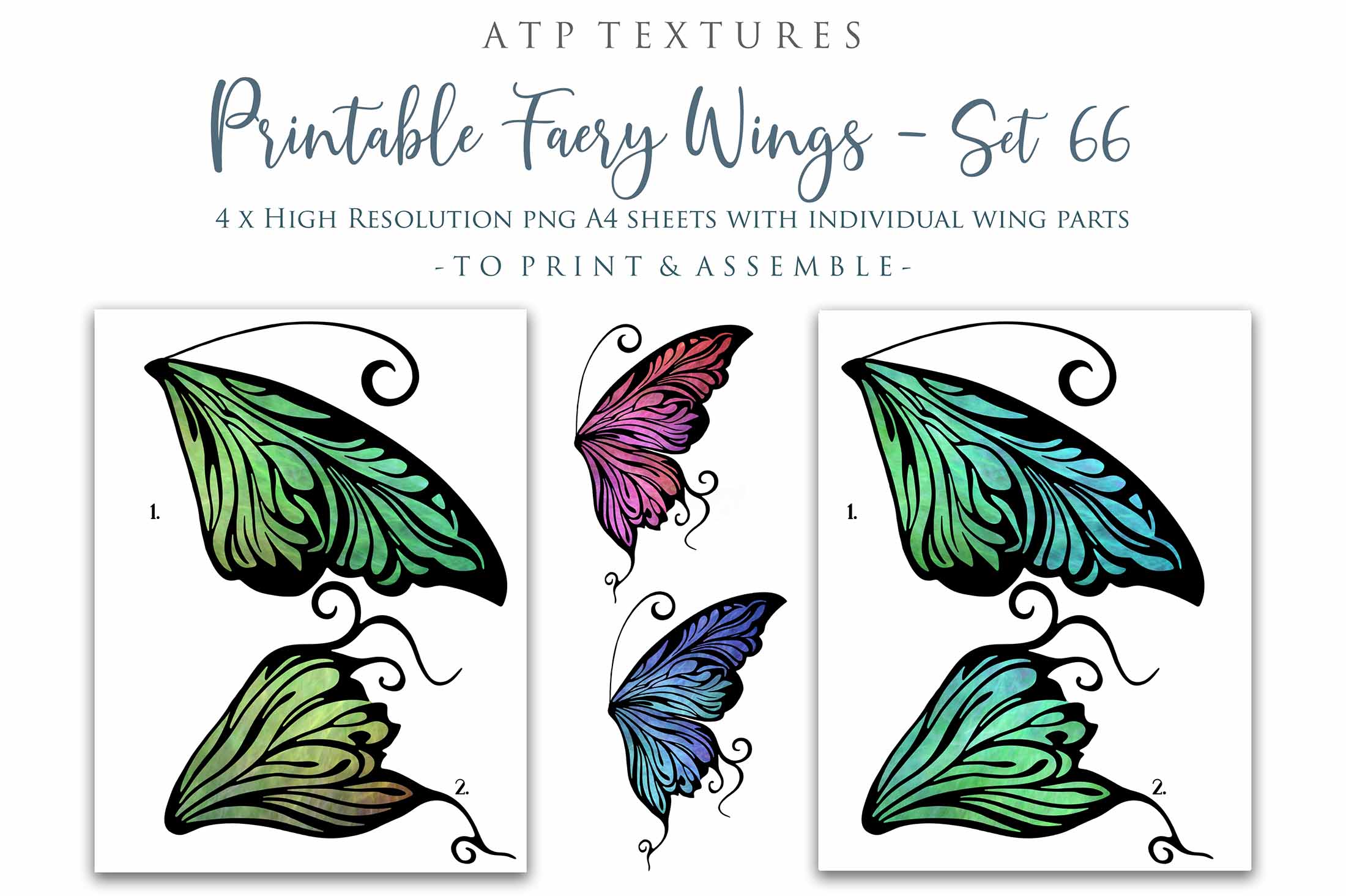 Printable Fairy Wings. For Art Dolls, Adults, Children. High resolution, png files. This is a digital product. Print and cut. Paper craft. Create fairy wing earrings or crown jewelry from these designs. Fairycore, Halloween, Diy Crafting Costume.
