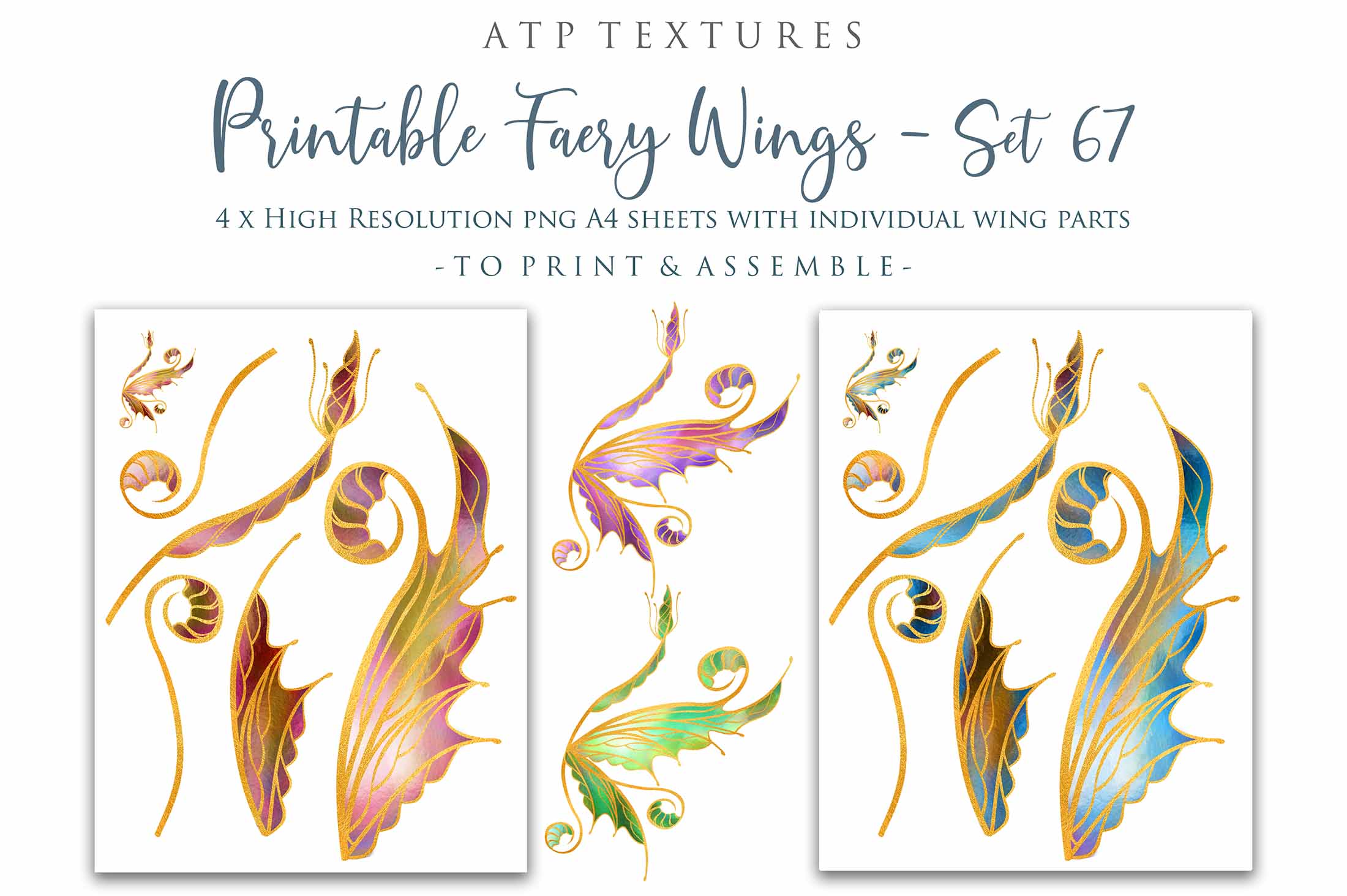 Printable Fairy Wings. For Art Dolls, Adults, Children. High resolution, png files. This is a digital product. Print and cut. Paper craft. Create fairy wing earrings or crown jewelry from these designs. Fairycore, Halloween, Diy Crafting Costume.