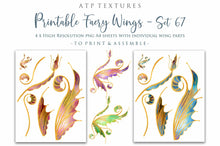 Load image into Gallery viewer, Printable Fairy Wings. For Art Dolls, Adults, Children. High resolution, png files. This is a digital product. Print and cut. Paper craft. Create fairy wing earrings or crown jewelry from these designs. Fairycore, Halloween, Diy Crafting Costume.
