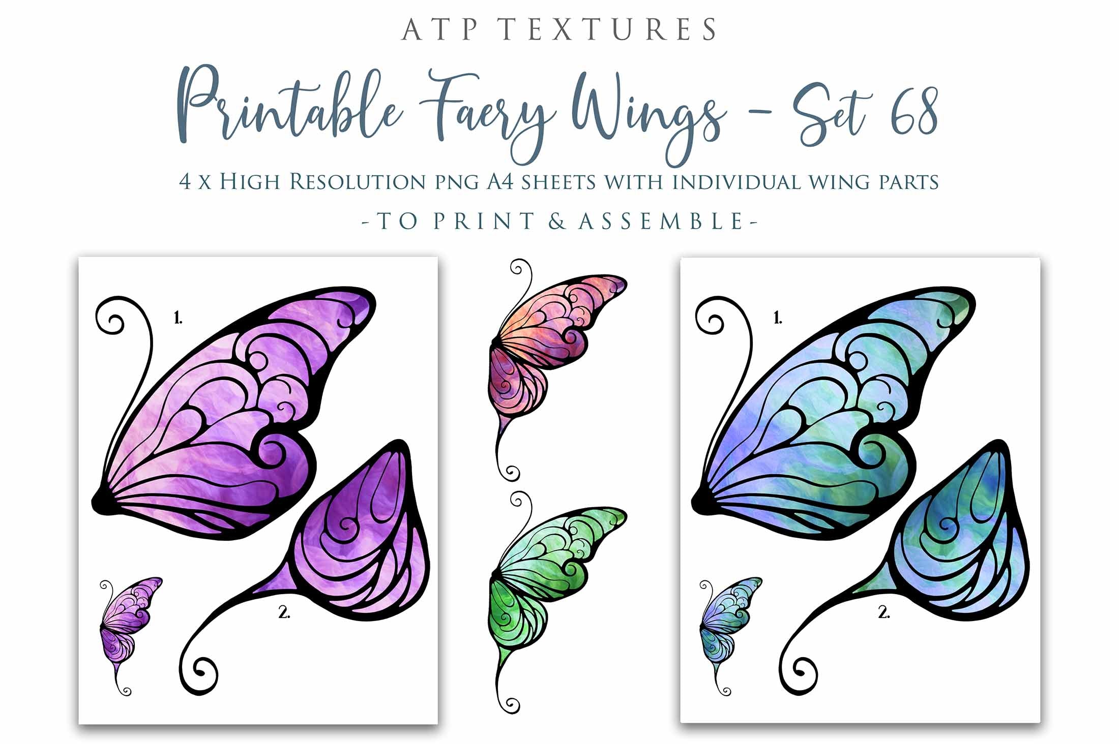 Printable Fairy Wings. For Art Dolls, Adults, Children. High resolution, png files. This is a digital product. Print and cut. Paper craft. Create fairy wing earrings or crown jewelry from these designs. Fairycore, Halloween, Diy Crafting Costume.