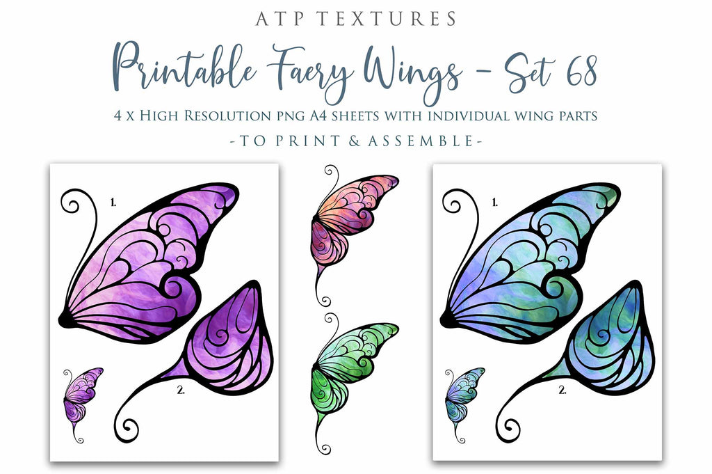 Printable Fairy Wings. For Art Dolls, Adults, Children. High resolution, png files. This is a digital product. Print and cut. Paper craft. Create fairy wing earrings or crown jewelry from these designs. Fairycore, Halloween, Diy Crafting Costume.