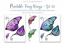 Load image into Gallery viewer, Printable Fairy Wings. For Art Dolls, Adults, Children. High resolution, png files. This is a digital product. Print and cut. Paper craft. Create fairy wing earrings or crown jewelry from these designs. Fairycore, Halloween, Diy Crafting Costume.

