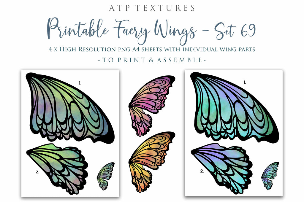 Printable Fairy Wings. For Art Dolls, Adults, Children. High resolution, png files. This is a digital product. Print and cut. Paper craft. Create fairy wing earrings or crown jewelry from these designs. Fairycore, Halloween, Diy Crafting Costume.