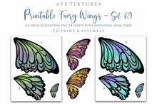 Load image into Gallery viewer, Printable Fairy Wings. For Art Dolls, Adults, Children. High resolution, png files. This is a digital product. Print and cut. Paper craft. Create fairy wing earrings or crown jewelry from these designs. Fairycore, Halloween, Diy Crafting Costume.
