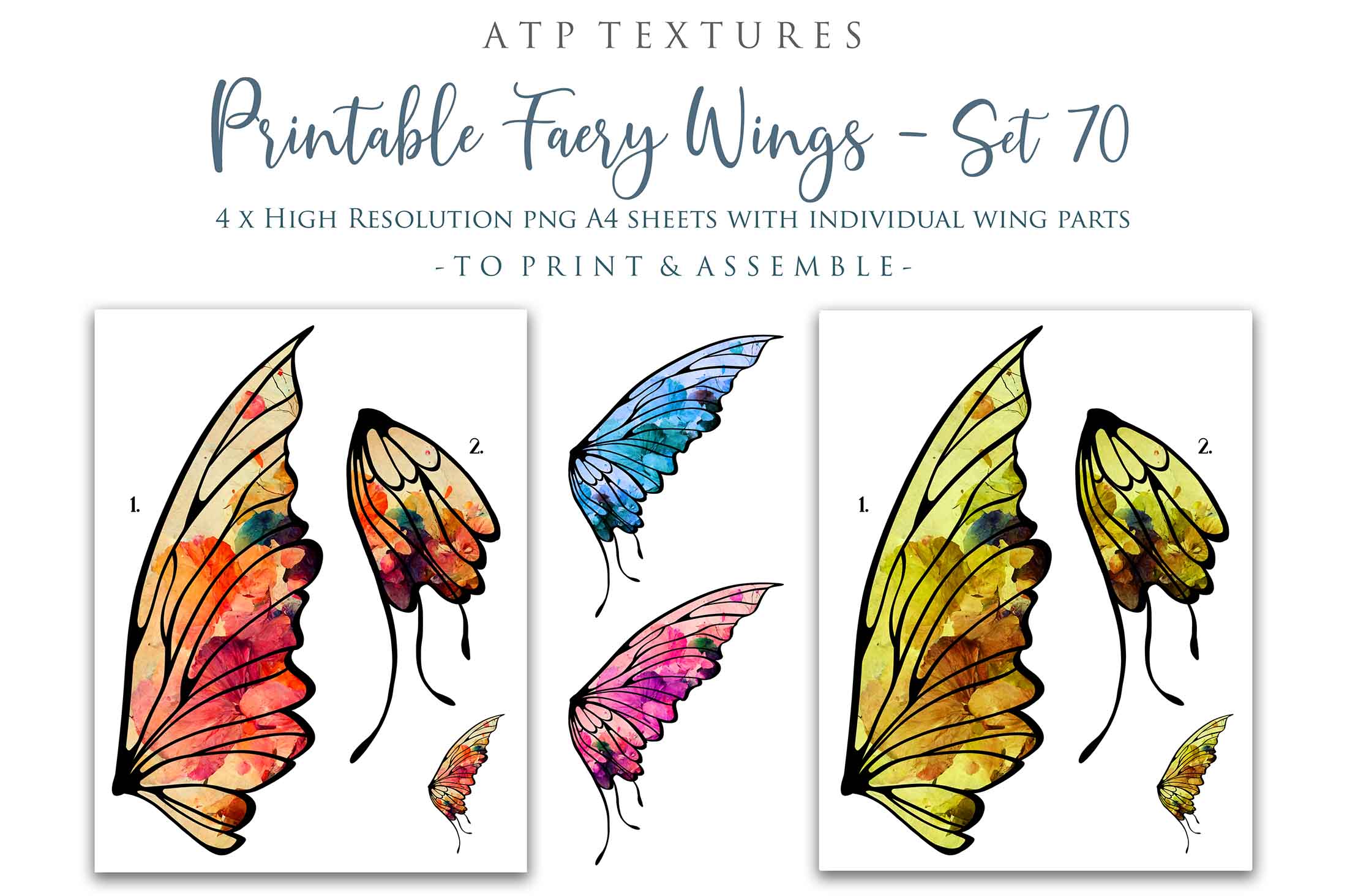 Printable Fairy Wings. For Art Dolls, Adults, Children. High resolution, png files. This is a digital product. Print and cut. Paper craft. Create fairy wing earrings or crown jewelry from these designs. Fairycore, Halloween, Diy Crafting Costume.
