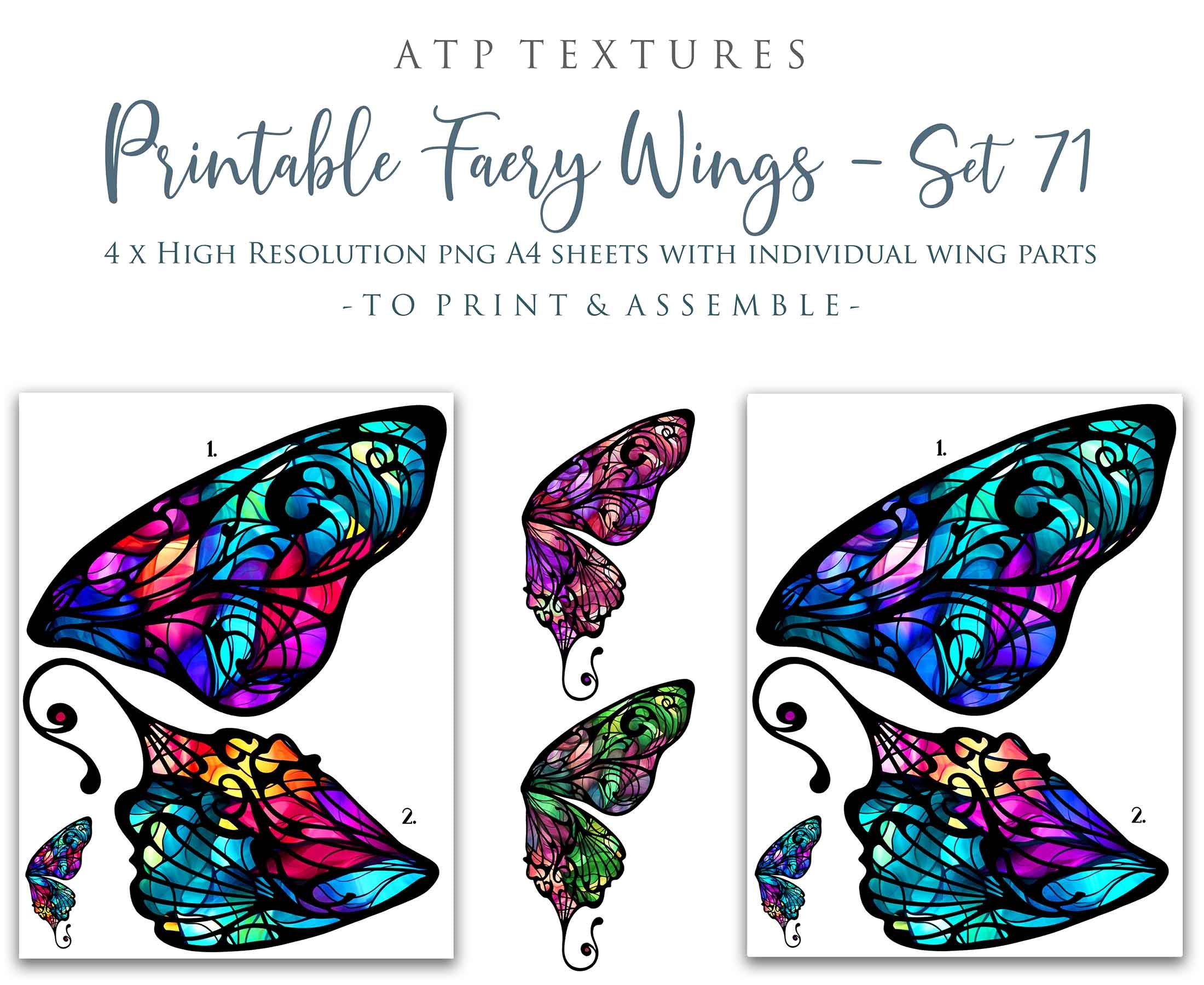 Printable Fairy Wings. For Art Dolls, Adults, Kids. High resolution, png files. This is a digital product. Print and cut Pattern template. Paper craft. Kids or Adult sizes. Create fairy wing earrings or crown jewelry from these designs. Cosplay Costume Crafts. Commercial licence is available. Halloween.