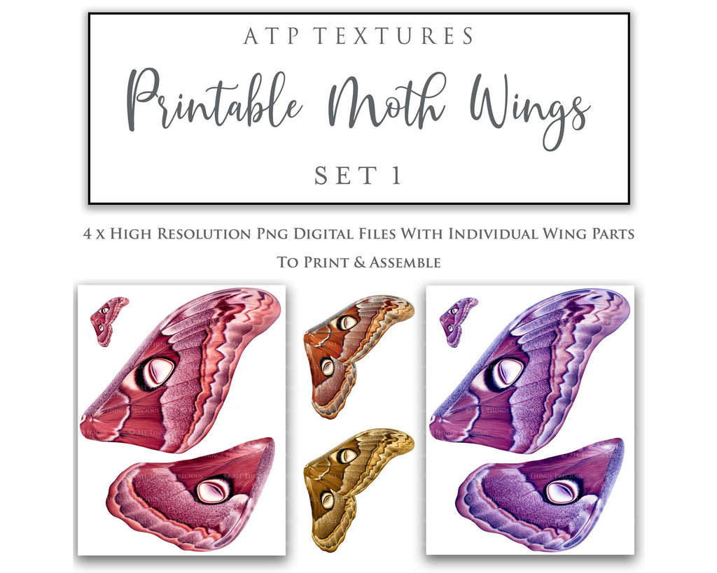 Printable moth butterfly wings for creating fairy wings for costumes and fantasy. Cosplay ren faire or photography. By ATP Textures.