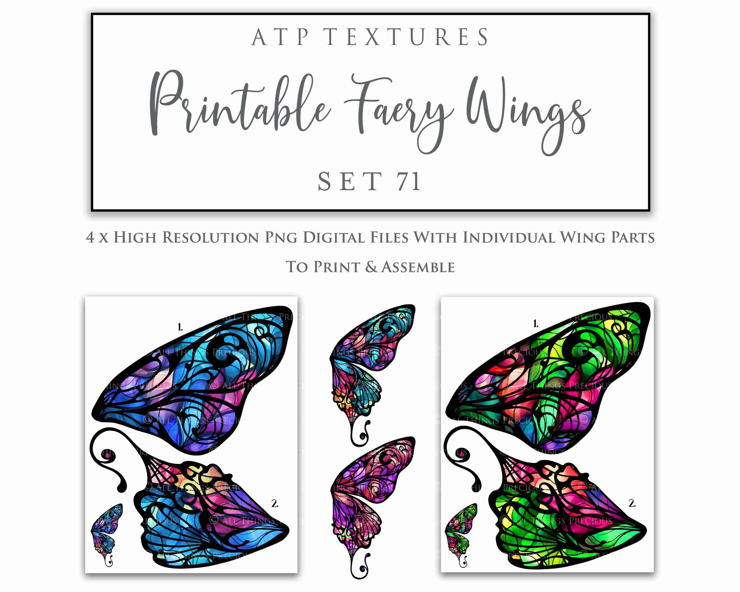 Printable Fairy Wings. For Art Dolls, Adults, Kids. High resolution, png files. This is a digital product. Print and cut Pattern template. Paper craft. Kids or Adult sizes. Create fairy wing earrings or crown jewelry from these designs. Cosplay Costume Crafts. Commercial licence is available. Halloween.