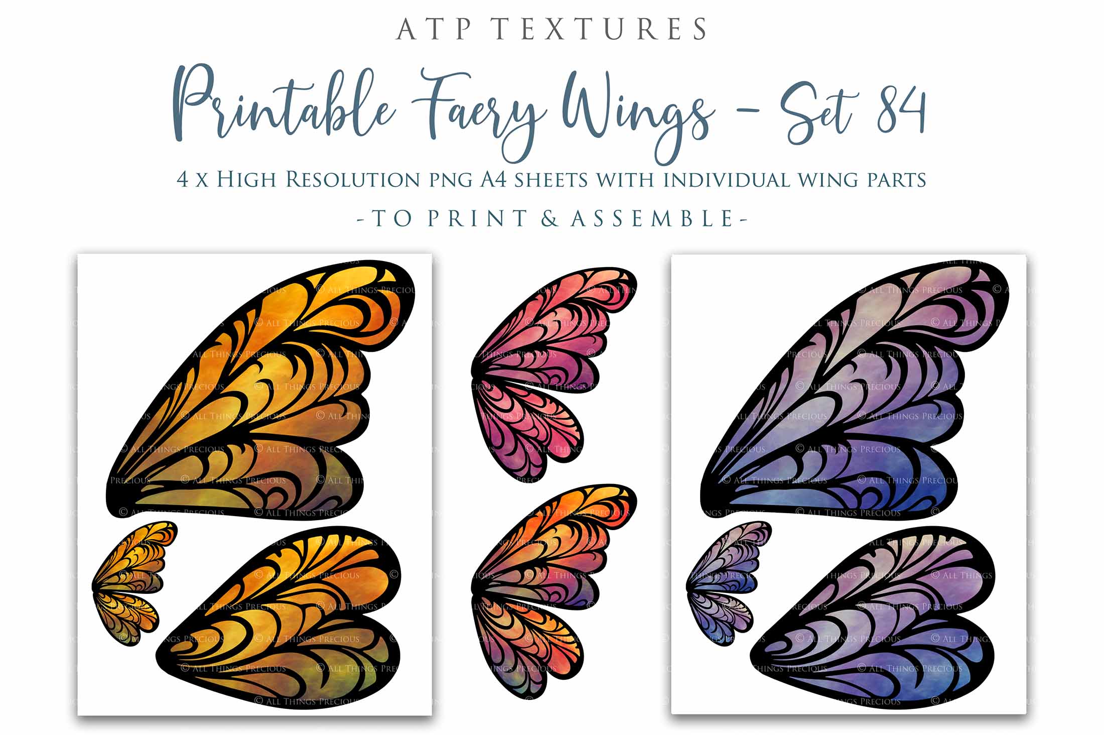 Printable fairy wings for halloween. cosplay. large adult sizes. For kids and children. Colourful, realistic.