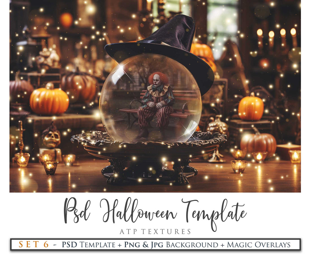 Magical Halloween Template Background. Snow globe with overlays. Add a photo to the digital background. Glass Effect Ornament bauble. Jpeg and Png copies. With magic overlays included. High resolution, quality files for photography, scrapbooking. ATP Textures.