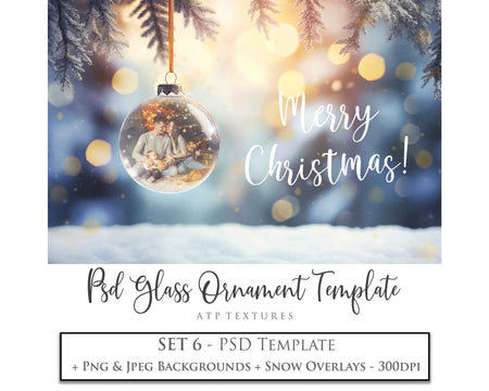 Christmas Glass Bauble Ornament Overlay and Background, with snow flurries and a PSD template. The globe is transparent. This file is 6000 x 4000, 300dpi. Photography, Scrapbooking, Photo Overlays, Print Art Card Edit Png, Jpeg, Psd. ATP Textures.