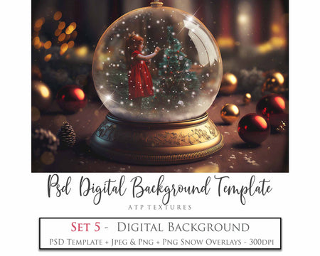 Digital Snow Globe Background, with snow Overlays and a PSD Template included in the set.The globe is transparent, perfect for you to add your own images and retain the snow globe effect. Printable Card for Christmas with Santa Window or Glass Globe. ATP Textures