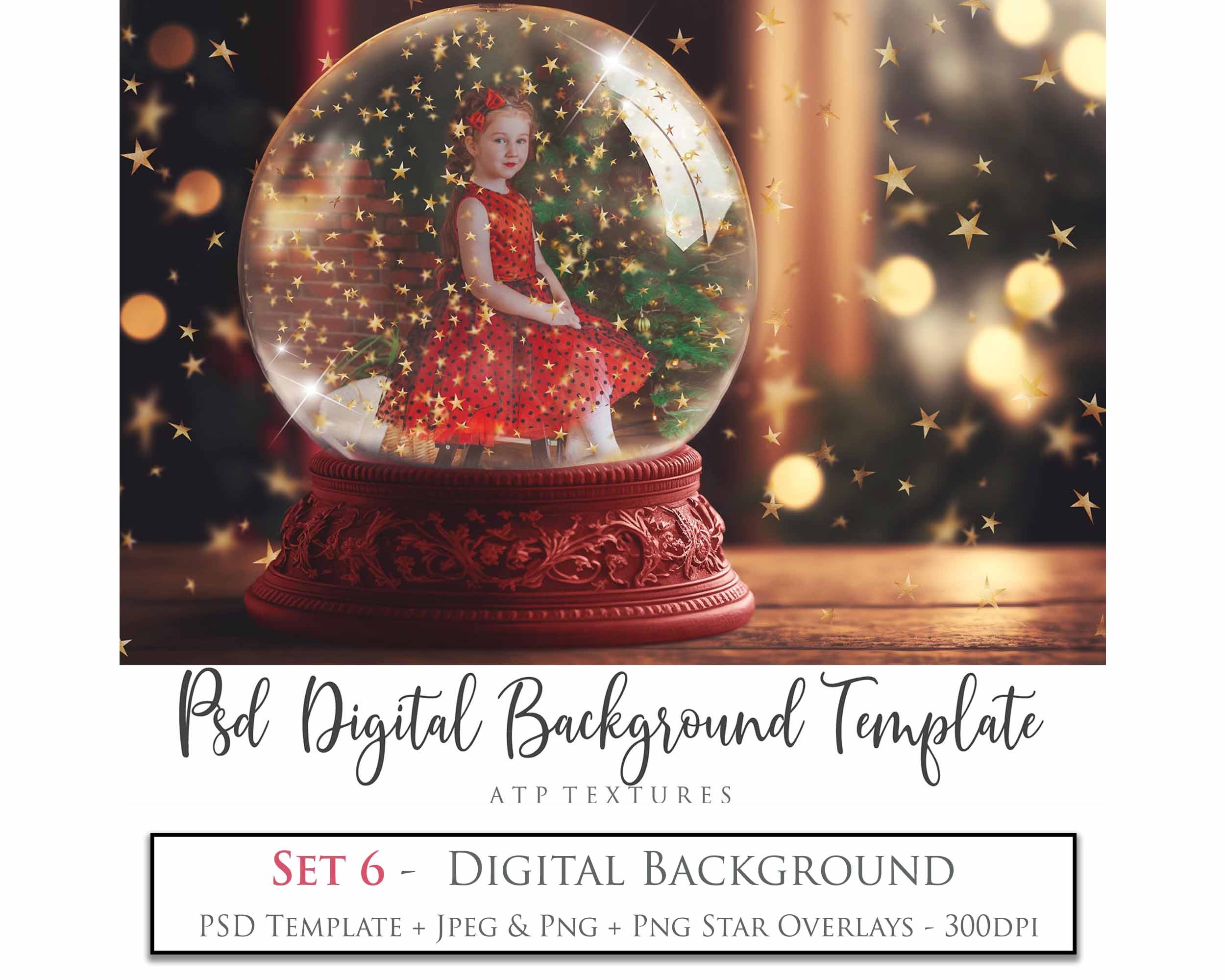 Digital Snow Globe Background, with snow Overlays and a PSD Template included in the set.The globe is transparent, perfect for you to add your own images and retain the snow globe effect. Photoshop Photography Background. Printable, Editable Card for Christmas with Santa Window or Glass Globe. ATP Textures