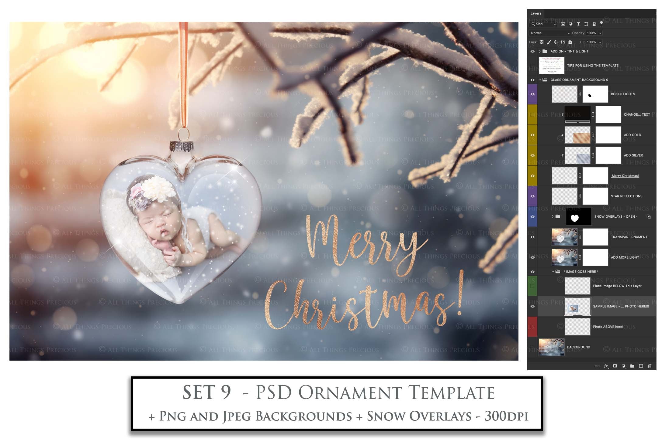 Christmas Glass Bauble Ornament Overlay and Background, with snow flurries and a PSD template included in the set.The globe is transparent, perfect for you to add your own images and retain the snow globe effect.This file is 6000 x 4000, 300dpi. Photography, Scrapbooking, Photo Overlays, Png, Jpeg, Psd. ATP Textures.