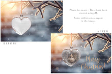 Load image into Gallery viewer, Christmas Glass Bauble Ornament Overlay and Background, with snow flurries and a PSD template included in the set.The globe is transparent, perfect for you to add your own images and retain the snow globe effect.This file is 6000 x 4000, 300dpi. Photography, Scrapbooking, Photo Overlays, Png, Jpeg, Psd. ATP Textures.
