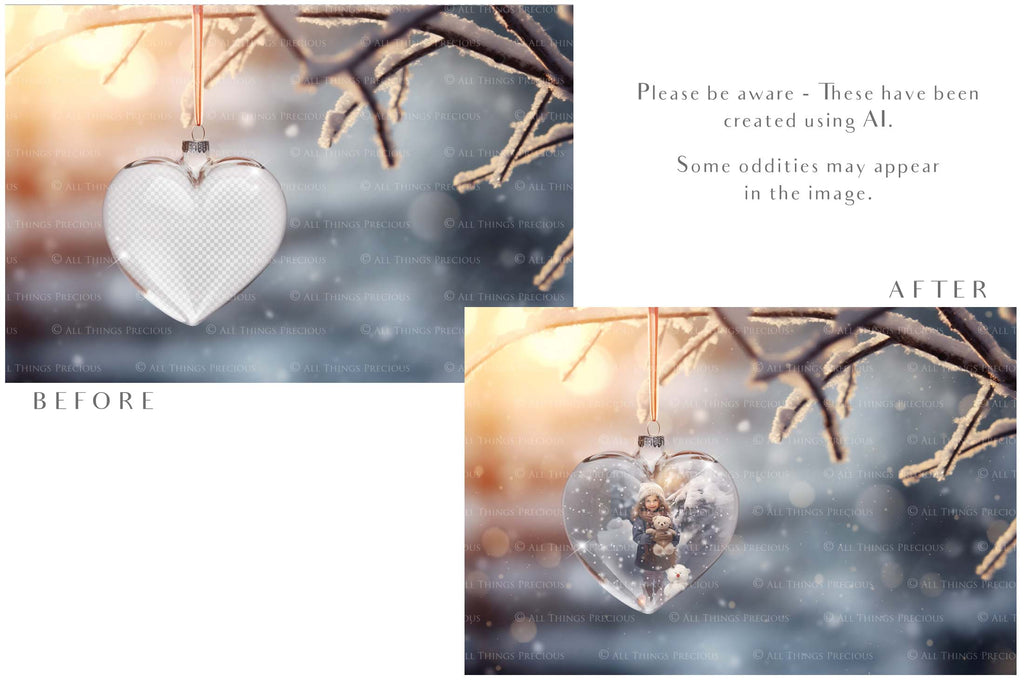 Christmas Glass Bauble Ornament Overlay and Background, with snow flurries and a PSD template included in the set.The globe is transparent, perfect for you to add your own images and retain the snow globe effect.This file is 6000 x 4000, 300dpi. Photography, Scrapbooking, Photo Overlays, Png, Jpeg, Psd. ATP Textures.