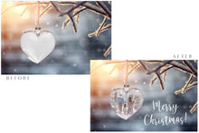 Load image into Gallery viewer, Christmas Glass Bauble Ornament Overlay and Background, with snow flurries and a PSD template included in the set.The globe is transparent, perfect for you to add your own images and retain the snow globe effect.This file is 6000 x 4000, 300dpi. Photography, Scrapbooking, Photo Overlays, Png, Jpeg, Psd. ATP Textures.
