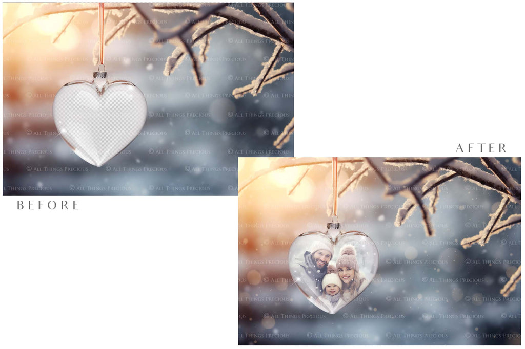 Christmas Glass Bauble Ornament Overlay and Background, with snow flurries and a PSD template included in the set.The globe is transparent, perfect for you to add your own images and retain the snow globe effect.This file is 6000 x 4000, 300dpi. Photography, Scrapbooking, Photo Overlays, Png, Jpeg, Psd. ATP Textures.