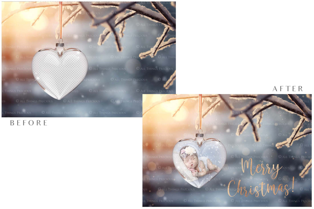 Christmas Glass Bauble Ornament Overlay and Background, with snow flurries and a PSD template included in the set.The globe is transparent, perfect for you to add your own images and retain the snow globe effect.This file is 6000 x 4000, 300dpi. Photography, Scrapbooking, Photo Overlays, Png, Jpeg, Psd. ATP Textures.