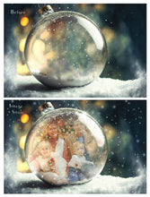Load image into Gallery viewer, Christmas Glass Bauble Ornament Overlay and Background, with snow flurries and a PSD template included in the set.The globe is transparent, perfect for you to add your own images and retain the snow globe effect.This file is 6000 x 4000, 300dpi. Photography, Scrapbooking, Photo Overlays, Png, Jpeg, Psd. ATP Textures.
