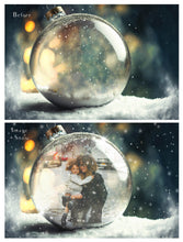 Load image into Gallery viewer, Christmas Glass Bauble Ornament Overlay and Background, with snow flurries and a PSD template included in the set.The globe is transparent, perfect for you to add your own images and retain the snow globe effect.This file is 6000 x 4000, 300dpi. Photography, Scrapbooking, Photo Overlays, Png, Jpeg, Psd. ATP Textures.
