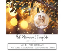 Load image into Gallery viewer, Christmas Glass Bauble Ornament Overlay and Background, with snow flurries and a PSD template included in the set.The globe is transparent. This file is 6000 x 4000, 300dpi. Photography, Scrapbooking, Photo Overlays, Png, Jpeg, Psd. ATP Textures.
