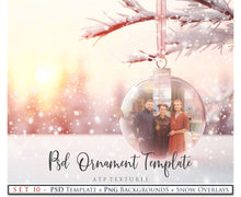 Load image into Gallery viewer, Christmas Glass Bauble Ornament Overlay and Background, with snow flurries and a PSD template included in the set.The globe is transparent, perfect for you to add your own images and retain the snow globe effect.This file is 6000 x 4000, 300dpi. Photography, Scrapbooking, Photo Overlays, Png, Jpeg, Psd. ATP Textures.
