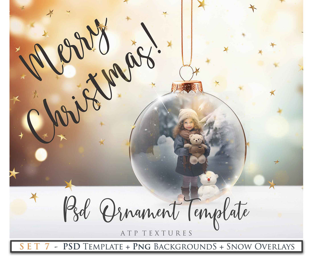 Christmas Glass Bauble Ornament Overlay and Background, with snow flurries and a PSD template. The globe is transparent. This file is 6000 x 4000, 300dpi. Photography, Scrapbooking, Photo Overlays, Print Art Card Edit Png, Jpeg, Psd. ATP Textures.