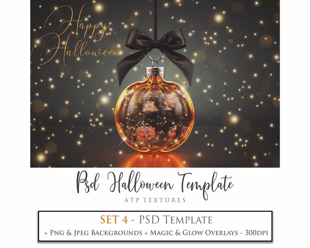 Magical Halloween Template Background. Snow globe with overlays. Add a photo to the digital background. Glass Effect Ornament bauble. Jpeg and Png copies. With magic overlays included. High resolution, quality files for photography, scrapbooking. ATP Textures.