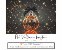 Load image into Gallery viewer, Magical Halloween Template Background. Snow globe with overlays. Add a photo to the digital background. Glass Effect Ornament bauble. Jpeg and Png copies. With magic overlays included. High resolution, quality files for photography, scrapbooking. ATP Textures.
