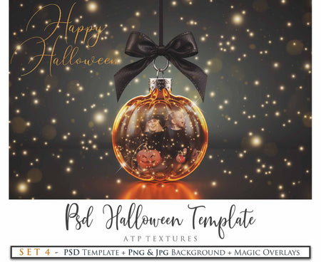 Magical Halloween Template Background. Snow globe with overlays. Add a photo to the digital background. Glass Effect Ornament bauble. Jpeg and Png copies. With magic overlays included. High resolution, quality files for photography, scrapbooking. ATP Textures.