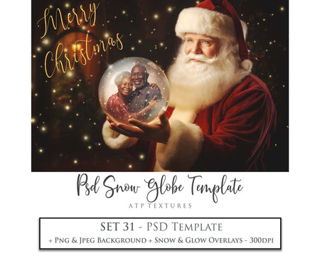 Digital Snow Globe Background, with Png snow overlays & PSD Template. The globe is transparent, perfect for adding your own images and retain the glass effect.The file is 6000 x 4000, 300dpi. Png Included. Use for Christmas edits, Photography, Card Crafts, Scrapbooking. Xmas Backdrops. Santa holding a glass ball.