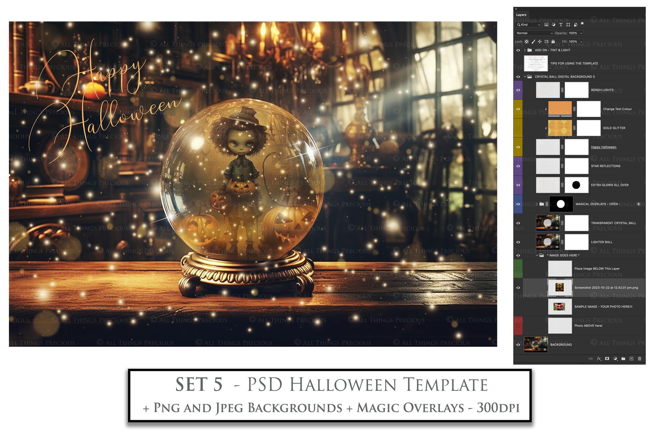 Magical Halloween Template Background. Snow globe with overlays. Add a photo to the digital background. Glass Effect Ornament bauble. Jpeg and Png copies. With magic overlays included. High resolution, quality files for photography, scrapbooking. ATP Textures.
