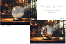 Load image into Gallery viewer, Magical Halloween Template Background. Snow globe with overlays. Add a photo to the digital background. Glass Effect Ornament bauble. Jpeg and Png copies. With magic overlays included. High resolution, quality files for photography, scrapbooking. ATP Textures.
