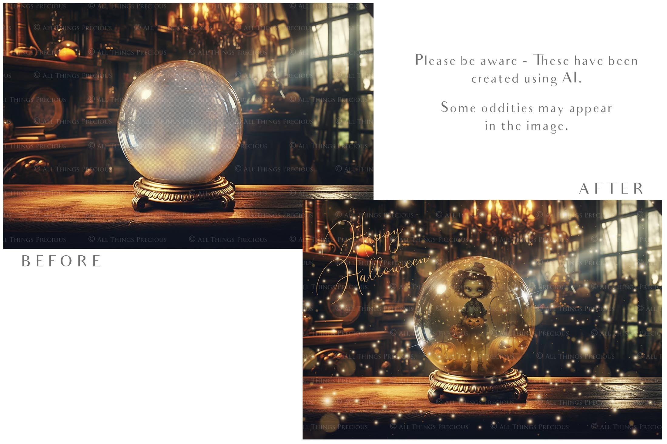 Magical Halloween Template Background. Snow globe with overlays. Add a photo to the digital background. Glass Effect Ornament bauble. Jpeg and Png copies. With magic overlays included. High resolution, quality files for photography, scrapbooking. ATP Textures.