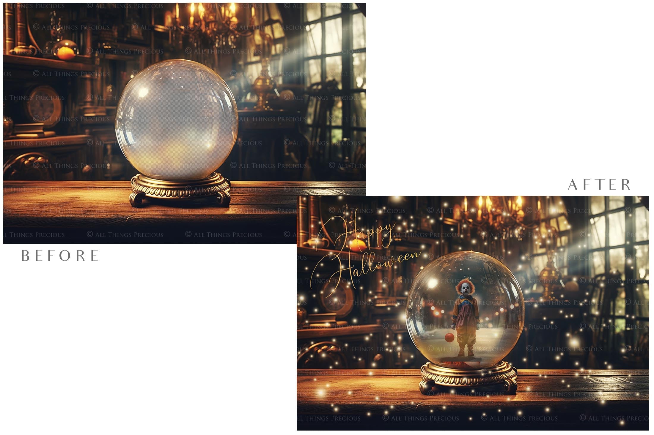 Magical Halloween Template Background. Snow globe with overlays. Add a photo to the digital background. Glass Effect Ornament bauble. Jpeg and Png copies. With magic overlays included. High resolution, quality files for photography, scrapbooking. ATP Textures.
