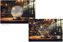 Load image into Gallery viewer, Magical Halloween Template Background. Snow globe with overlays. Add a photo to the digital background. Glass Effect Ornament bauble. Jpeg and Png copies. With magic overlays included. High resolution, quality files for photography, scrapbooking. ATP Textures.
