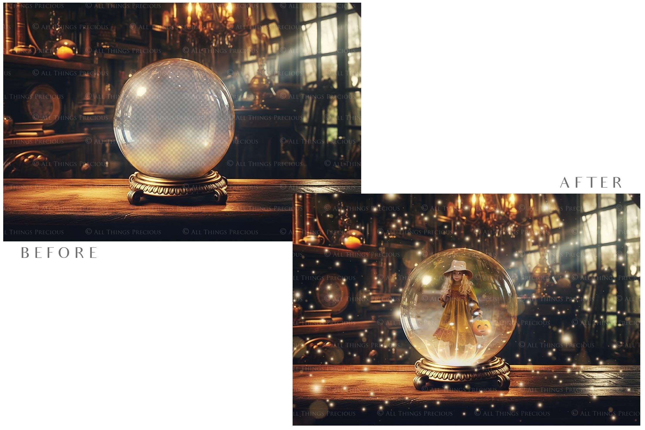 Magical Halloween Template Background. Snow globe with overlays. Add a photo to the digital background. Glass Effect Ornament bauble. Jpeg and Png copies. With magic overlays included. High resolution, quality files for photography, scrapbooking. ATP Textures.