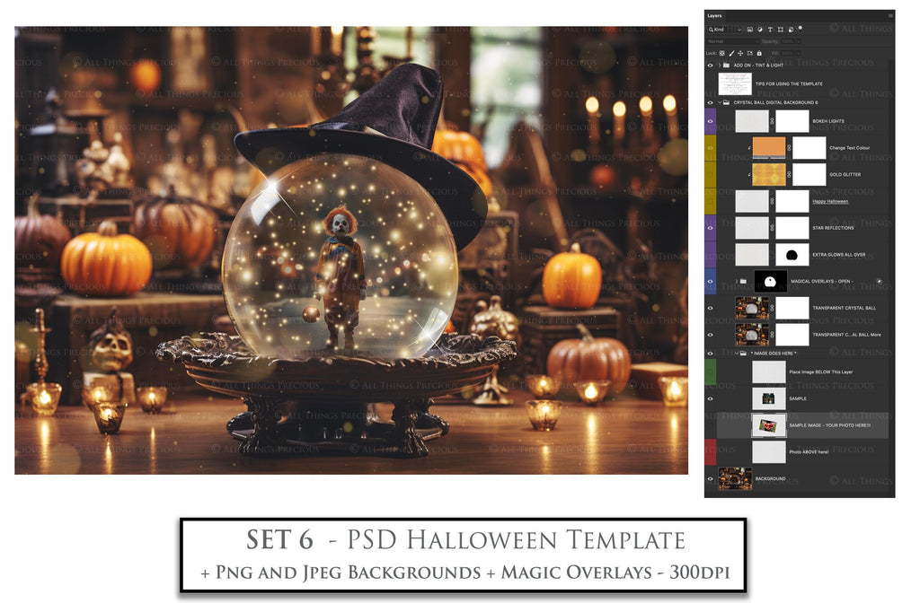 Magical Halloween Template Background. Snow globe with overlays. Add a photo to the digital background. Glass Effect Ornament bauble. Jpeg and Png copies. With magic overlays included. High resolution, quality files for photography, scrapbooking. ATP Textures.