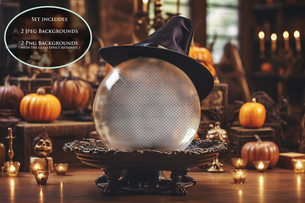 Magical Halloween Template Background. Snow globe with overlays. Add a photo to the digital background. Glass Effect Ornament bauble. Jpeg and Png copies. With magic overlays included. High resolution, quality files for photography, scrapbooking. ATP Textures.