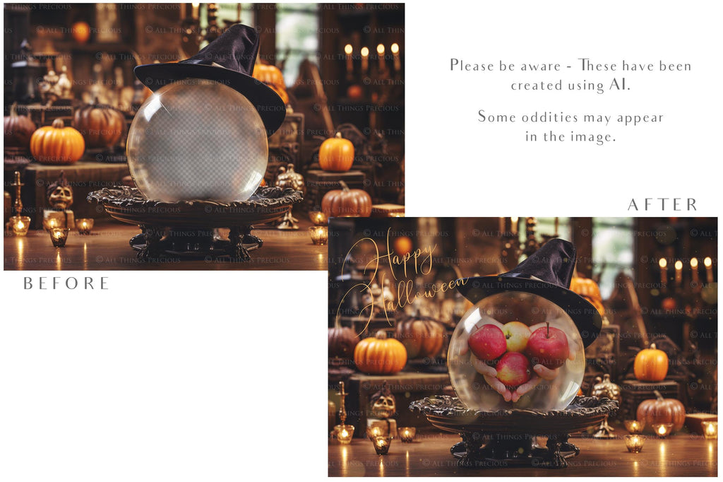 Magical Halloween Template Background. Snow globe with overlays. Add a photo to the digital background. Glass Effect Ornament bauble. Jpeg and Png copies. With magic overlays included. High resolution, quality files for photography, scrapbooking. ATP Textures.