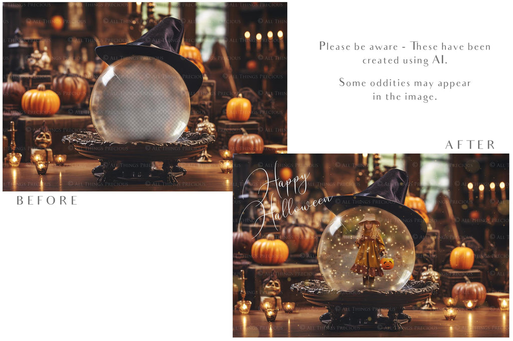 Magical Halloween Template Background. Snow globe with overlays. Add a photo to the digital background. Glass Effect Ornament bauble. Jpeg and Png copies. With magic overlays included. High resolution, quality files for photography, scrapbooking. ATP Textures.