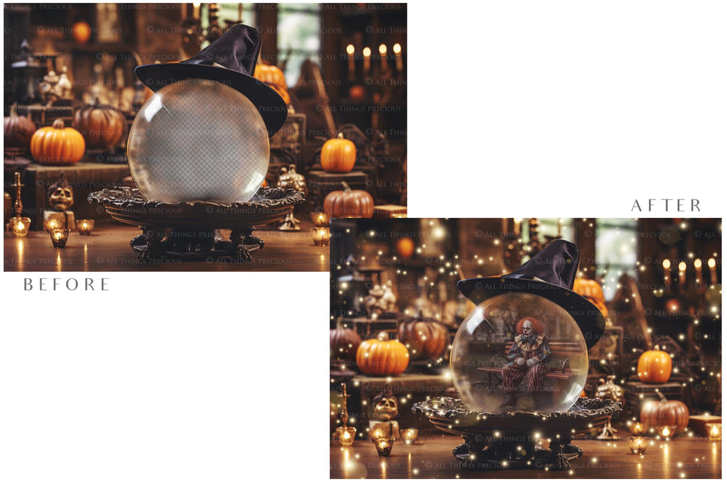 Magical Halloween Template Background. Snow globe with overlays. Add a photo to the digital background. Glass Effect Ornament bauble. Jpeg and Png copies. With magic overlays included. High resolution, quality files for photography, scrapbooking. ATP Textures.