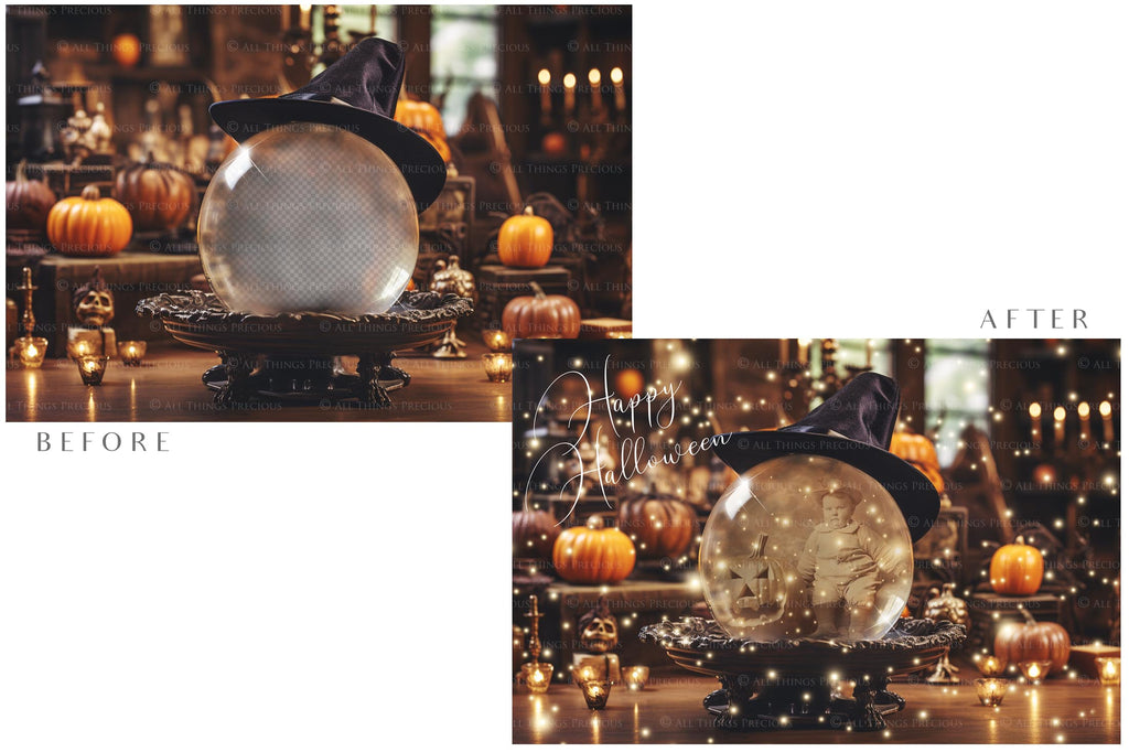 Magical Halloween Template Background. Snow globe with overlays. Add a photo to the digital background. Glass Effect Ornament bauble. Jpeg and Png copies. With magic overlays included. High resolution, quality files for photography, scrapbooking. ATP Textures.