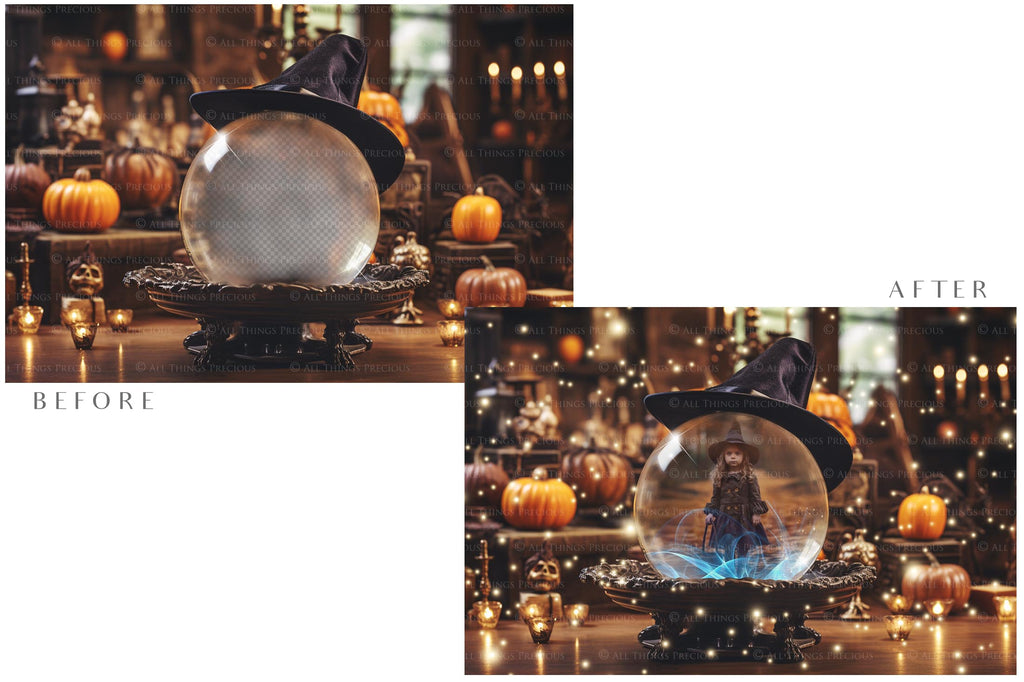 Magical Halloween Template Background. Snow globe with overlays. Add a photo to the digital background. Glass Effect Ornament bauble. Jpeg and Png copies. With magic overlays included. High resolution, quality files for photography, scrapbooking. ATP Textures.