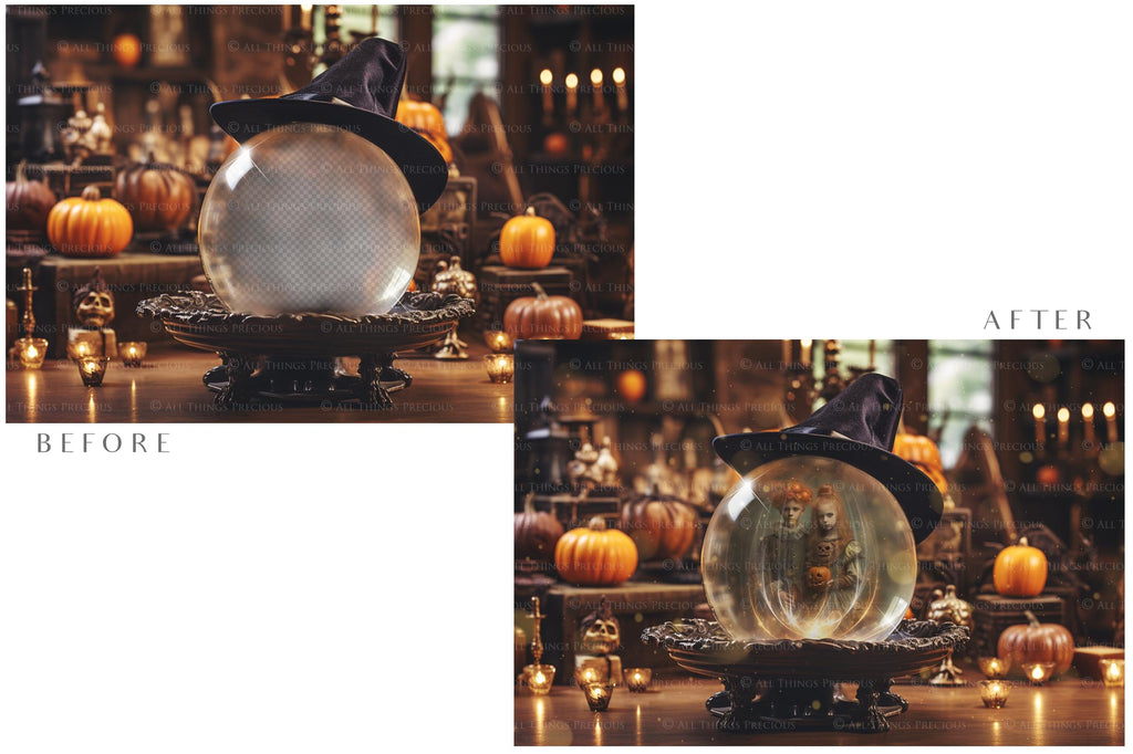 Magical Halloween Template Background. Snow globe with overlays. Add a photo to the digital background. Glass Effect Ornament bauble. Jpeg and Png copies. With magic overlays included. High resolution, quality files for photography, scrapbooking. ATP Textures.