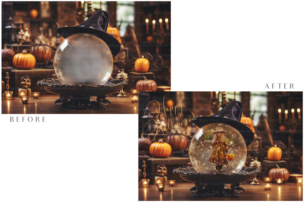 Magical Halloween Template Background. Snow globe with overlays. Add a photo to the digital background. Glass Effect Ornament bauble. Jpeg and Png copies. With magic overlays included. High resolution, quality files for photography, scrapbooking. ATP Textures.